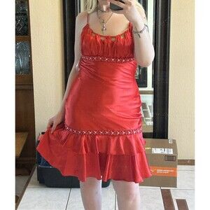 VTG 90s Glam Gurlz NWT Deadstock Beaded Dress Red Sz 8/M Ruffle Satin Cocktail